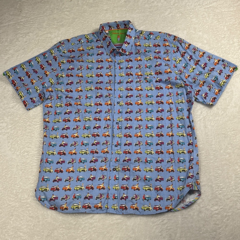 Luchiano Visconti Black Mens XL Pinup Girl Vintage Car Gingham Shirt Blue Cotton